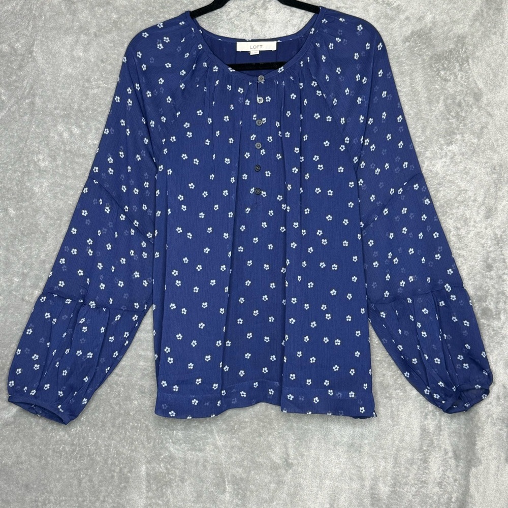 Ann Taylor Loft XL Shirt Top Navy Blue Floral Sheer Long Sleeve Round Neck